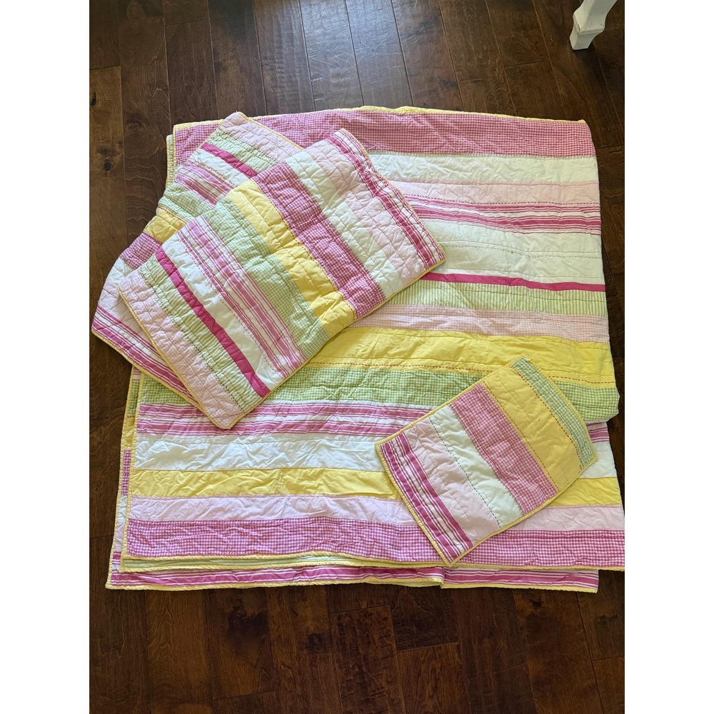 Pottery Barn Kids Queen Quilt Girls 3 Shams Pink Green Yellow Embroidered